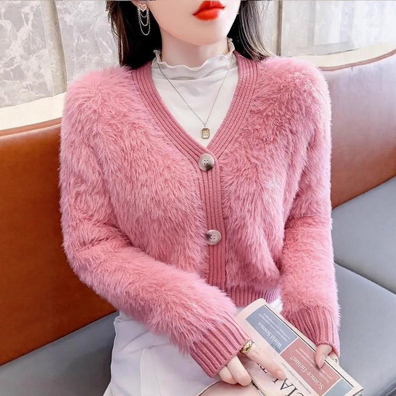 Soft and Cozy Faux Mink Velvet Jacket, Autumn and Winter Style, Ultra-Fairy Milky White Knitted Cardigan, Thickened V-Neck Lazy Sweater Top