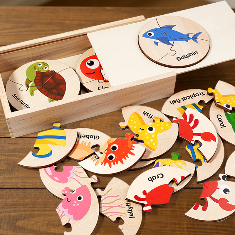 Children's Early Education Marine Animal Puzzle Shape Matching Game Educational Training Toy Family Interactive Wooden Puzzle