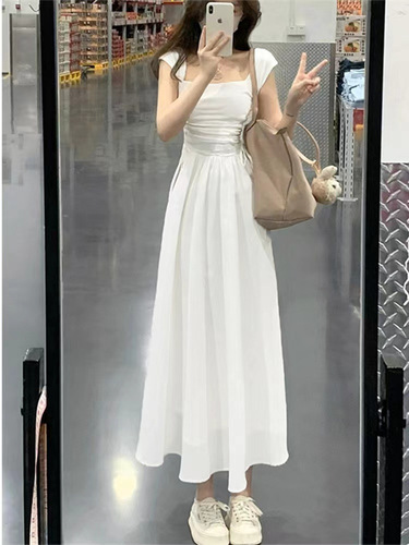 Blue Square Collar Strap Dress Women's Summer 2025 Splicing Skirt High-end Feeling Slimming Long Dress