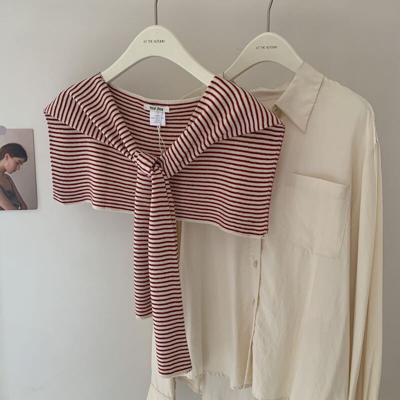 Striped Knit Shawl Paired with a Shirt for Spring and Autumn, Women's Shirt with a T-Shirt, Neck Protection, Summer Thin Ice Silk Small Cape