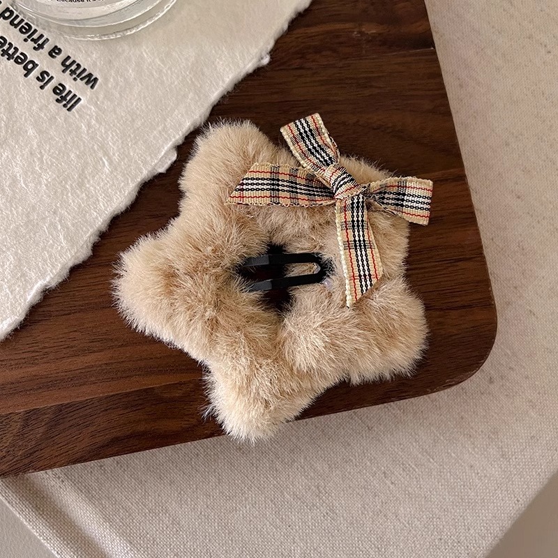 Arco de peluche estrella pentagonal clip de cabello frente lateral clip de frangeo detrás de la cabeza cabello roto BB tocado de invierno mujer