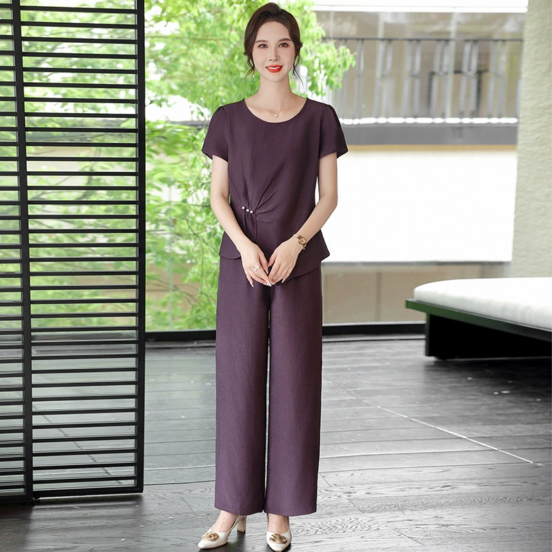 Летний модный костюм с короткими рукавами для мам среднего возраста, тонкий топ для женщин среднего и пожилого возраста 40 и 50 лет, повседневный комплект из двух предметов