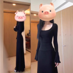 2025早秋新款韩系高级感黑色长袖连衣裙子初秋女装御姐风修身长裙