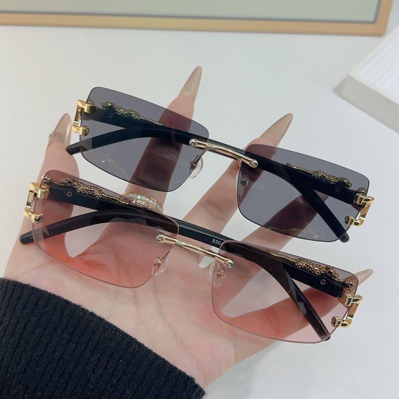 Cross-border fashion frameless trendy sunglasses for boys and girls personalized leopard glasses leg sunglasses Internet celebrity travel all-match glasses