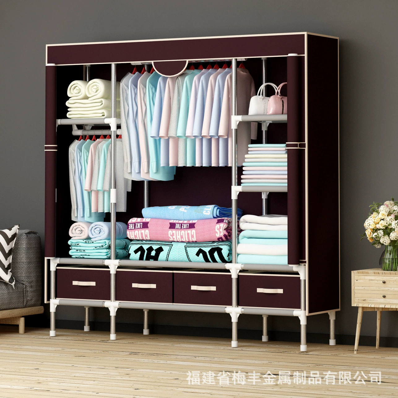 Portable Fabric Wardrobe with Steel Pipe Frame, Multiple Widths 75–185 cm, Drawer Storage Options