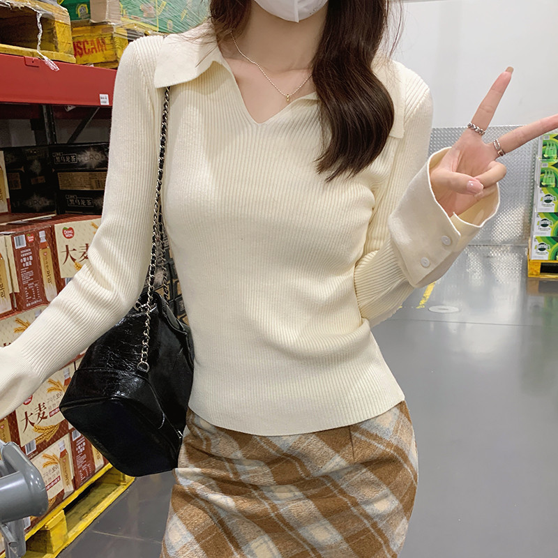 跨境外贸翻领内搭针织打底衫女秋冬季新款修身显瘦长袖配大衣毛衣|undefined