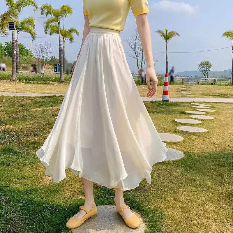 Irregular Mesh Skirt for Women Spring & Fall European High-Waisted A-Line Umbrella Skirt Chiffon Fairy Gauze Skirt over the Knee Long Skirt