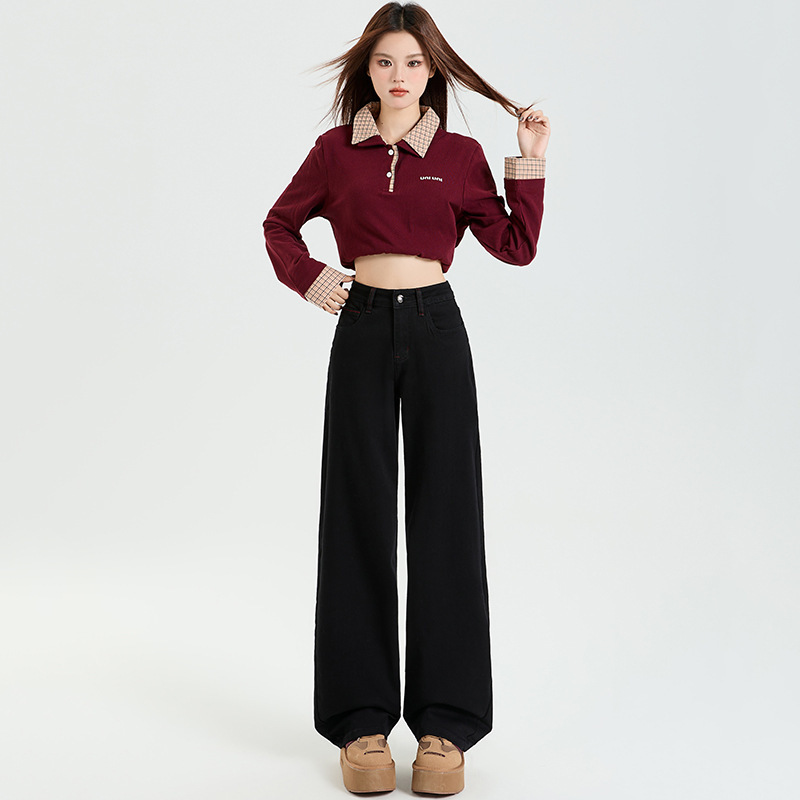 黑色窄版直筒牛仔裤女2025秋冬新款加绒高腰显瘦小个子阔腿拖地裤|undefined