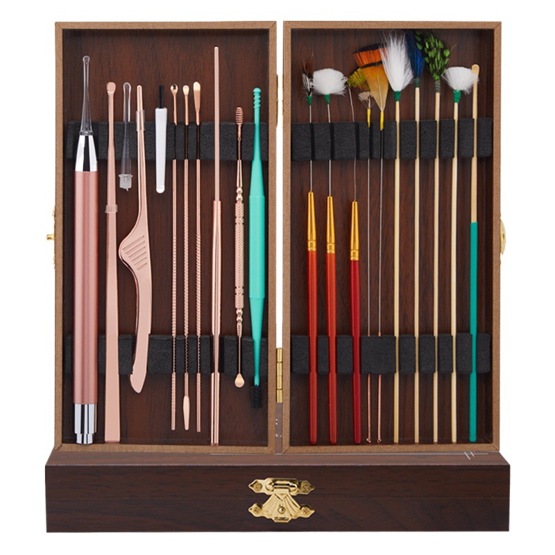 Fábrica en stock oreja recoger limpieza del oído cera limpieza pluma de ganso palo oreja recogiendo el color del pelo caja de madera oreja recogiendo herramienta traje