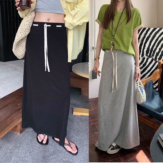 Maternity loose-fitting drawstring midi skirt, summer thin style, fashionable, loose, mid-length, drapey, slimming A-line skirt