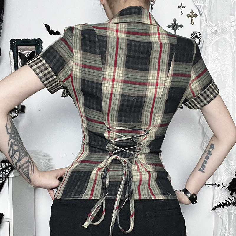 XS25140 ダークチェック柄シャツ女性用 2025 新しいスタイル純粋な欲望スタイルのジッパーデザインハイストリート戦闘ダメージ加工|undefined