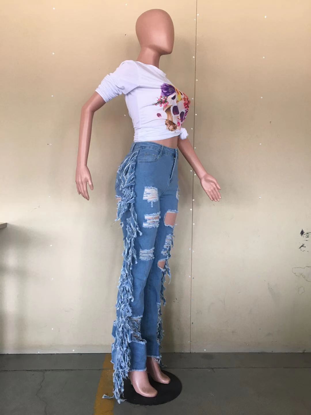 Vintage jeans med hög midja för damer med fransad kant_voghion.com