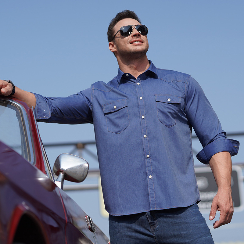 European American Cross-border Plus-size Men's Long-sleeve Denim Solid Color Casual Shirt, Loose Oversized,_voghion.com
