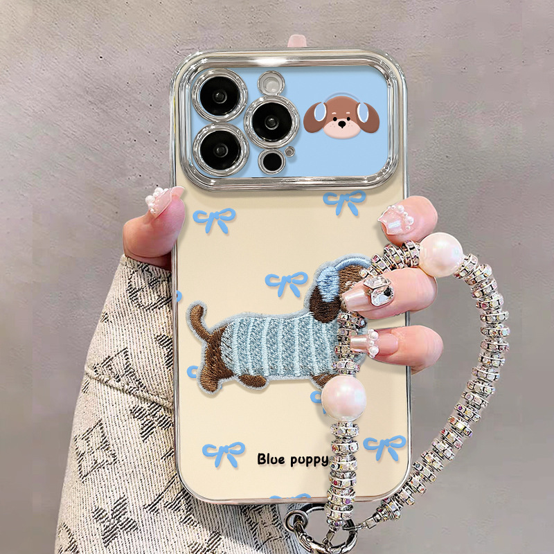 Embroidered Puppy Chain Apple 17Pro Mobile Phone Case Iphone16Promax Electroplated Window L Dachshund Silicone