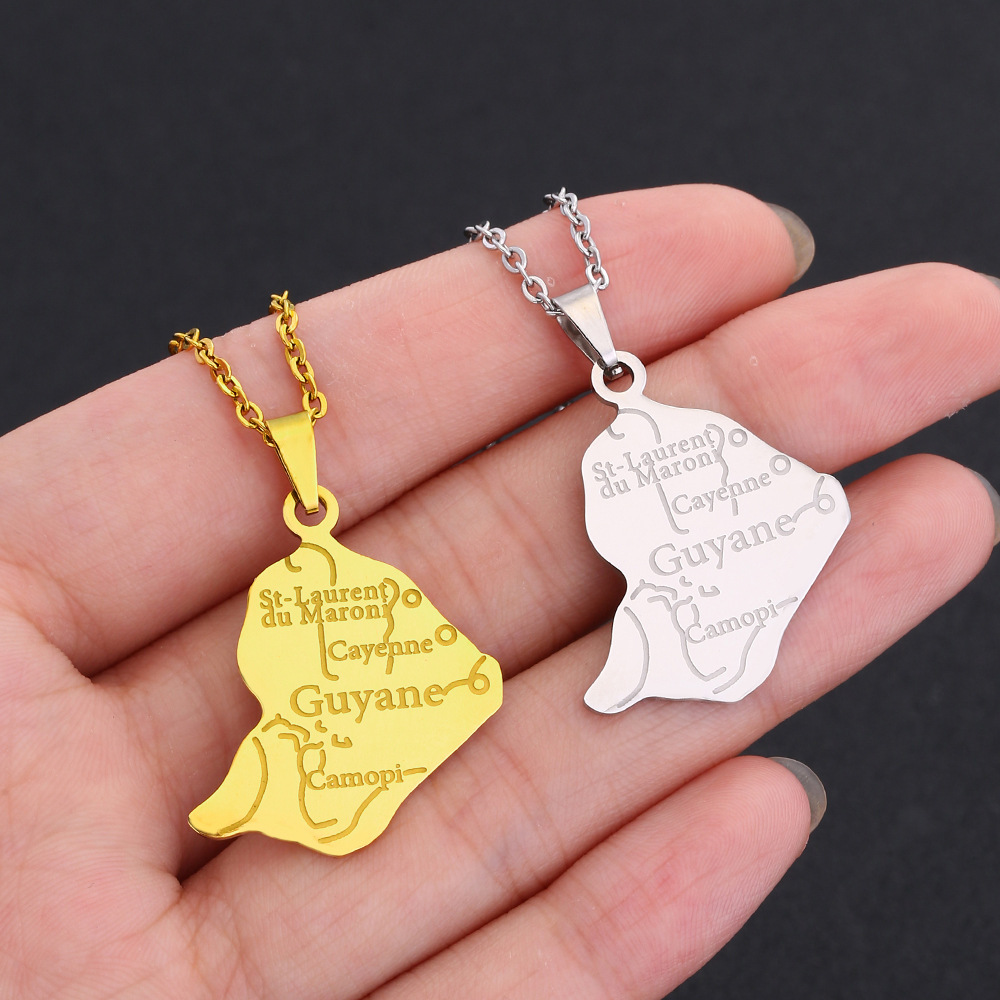 18K Real Gold Plated Plating Material 201 Stainless Steel Pendant Material Map Of Guiana Map Letter 201 Stainless Steel 304 Stainless Steel Vintage Style Ethnic Style 304 Stainless Steel Pendant Necklace