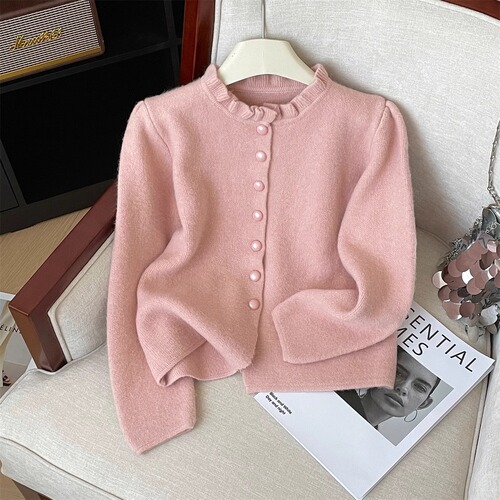 New Year's Edition Red Knit Cardigan with Floral Collar for Women, Christmas Atmosphere, Gentle and Beautiful
