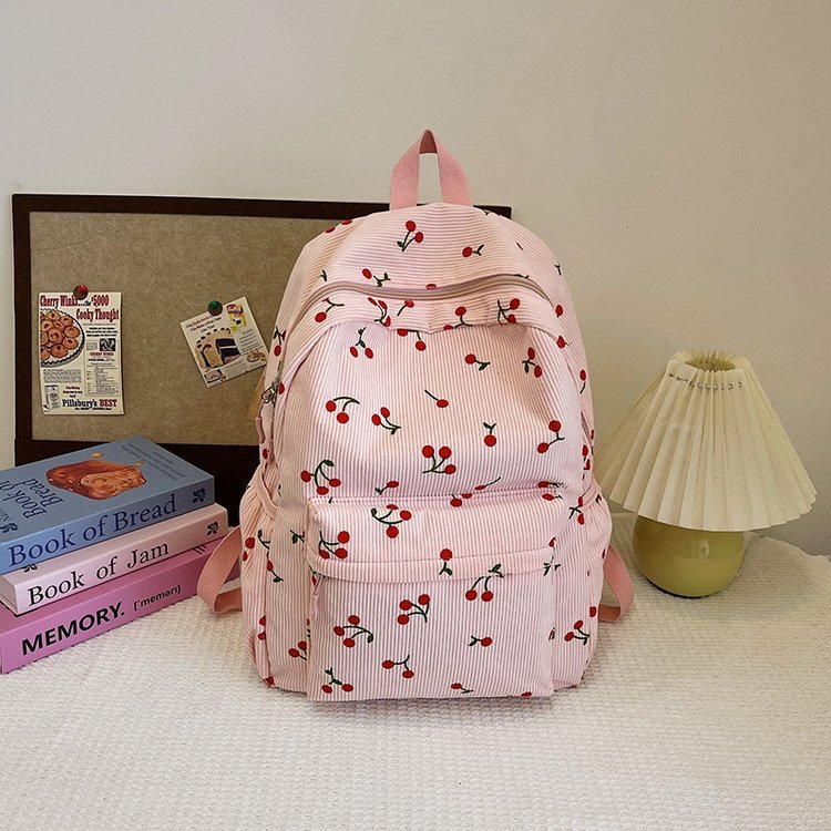 1197g Weight Polyester Lining Material Zipper Closure Type Double Shoulder Straps Strap Type Casual, School, Daily Occasion Corduroy Material Back To School Festival School Backpack Backpack Cherry Pattern All Seasons Season Women's Gender Cute Style Shell Shape Cherry Casual School Daily School Backpack 48