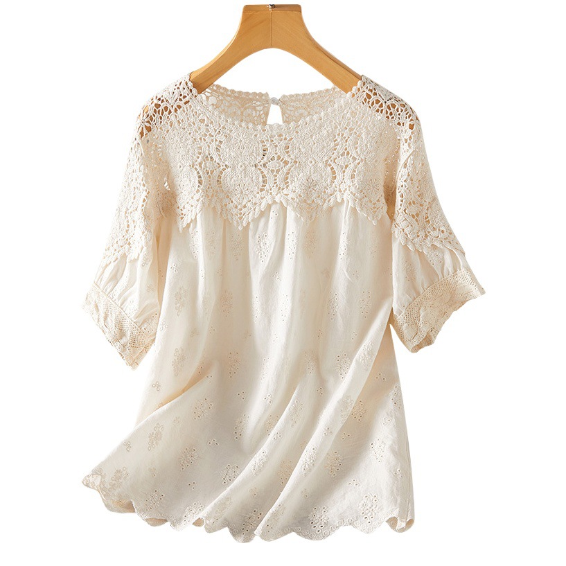 Blusa de encaje calado color albaricoque para mujer, verano 2026, cuello de hoja de loto, camisa bordada de algodón puro, diseño único, manga corta.