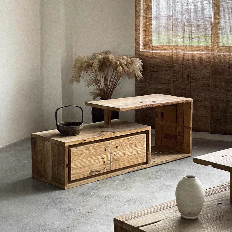 Wabi-Sabi Style B&B Retro Tv Cabinet Weathered Old Elm Living Room Low Cabinet Floor-Standing Tv Storage Cabinet Storage Cabinet