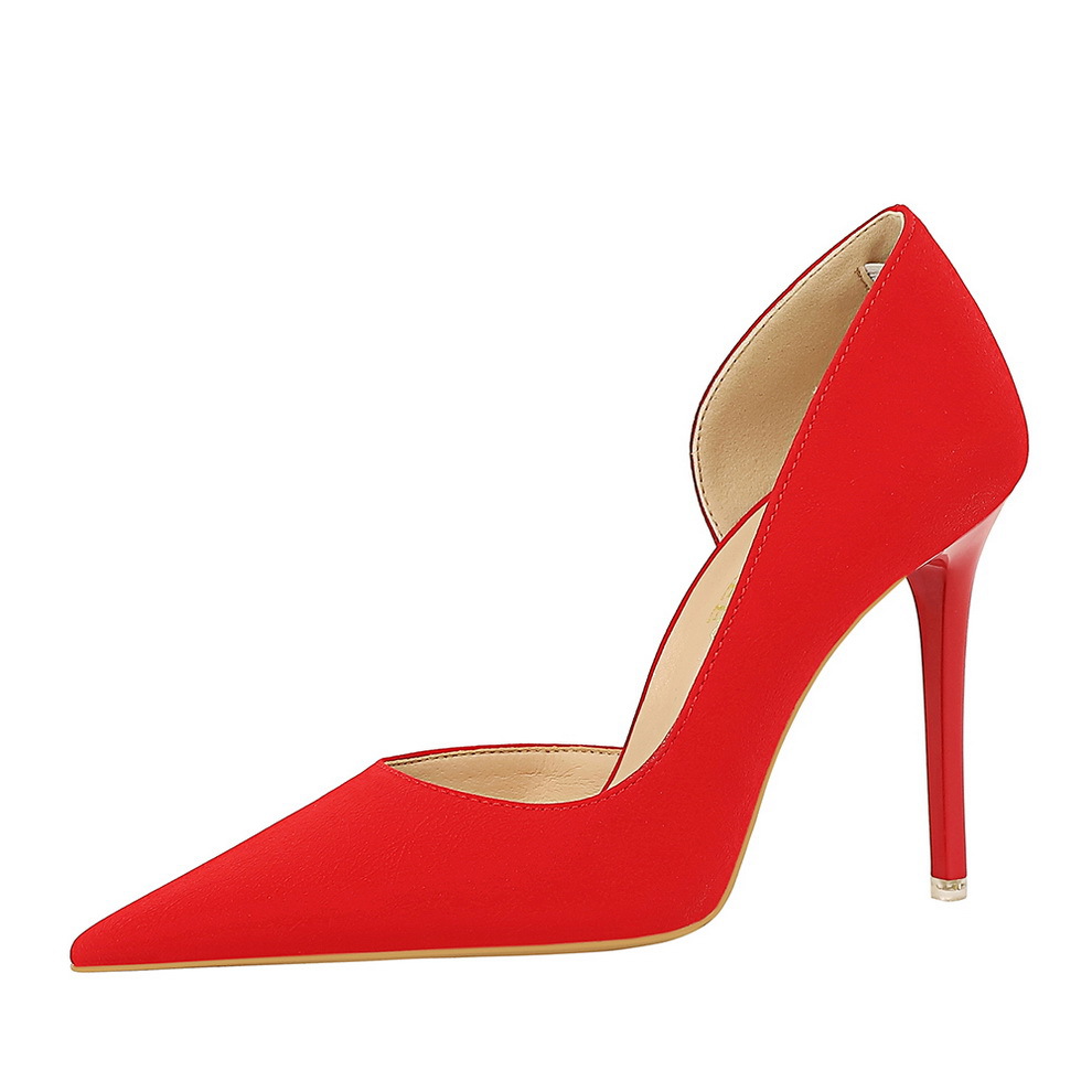 1298-8 Simple Banquet High Heels Slim Heel Shallow Notched Pointed Side Hollow Vintage Litchi Pattern High Heel Single Shoe