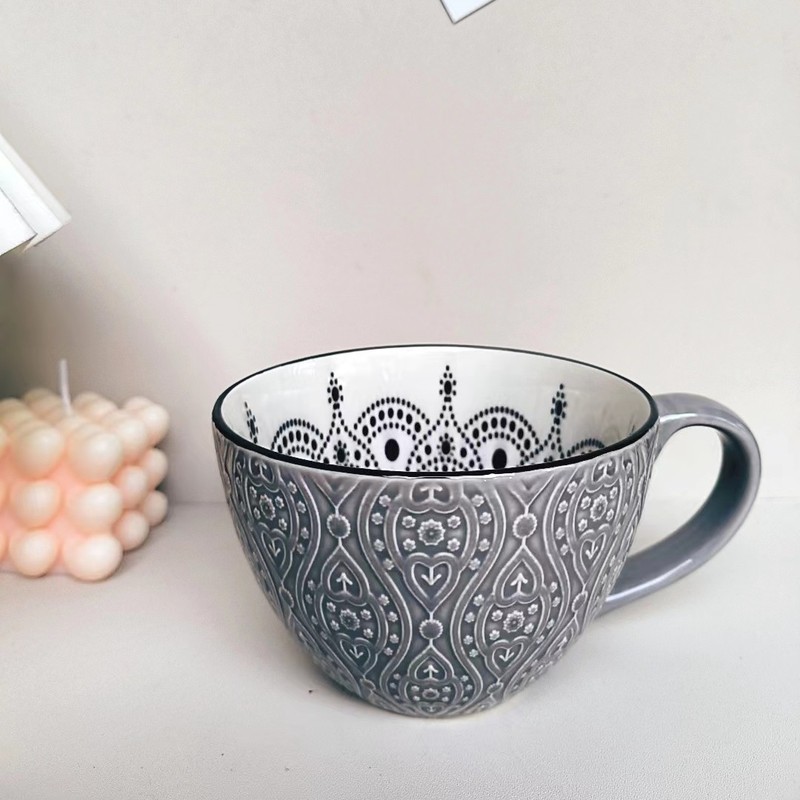 小清新北欧風陶磁器手描きカップオート麦牛乳コーヒーカップ模様彫刻カップ個性電子レンジ微瑕|undefined