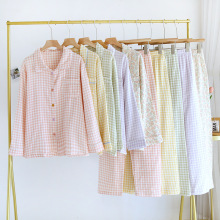 绉布家居服翻领套装女卡通格子长袖长裤纯棉双层纱布家居服可外穿