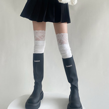 长筒过膝袜女秋冬日系靴袜甜美少女洛丽塔拼接竖条蕾丝花边高筒袜
