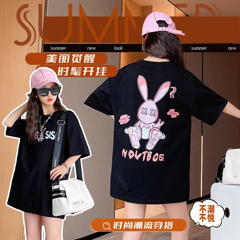 女童卡通兔子短袖t恤裙夏季洋气中大童韩版炸街中长款纯棉运动裙