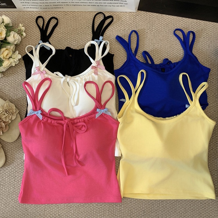 Pure Desire Sweet Girl Bow Double Sling Beautiful Back Vest Fixed Cup with Chest Pad Wrapping Chest Outer Wear Bottoming Tube Top