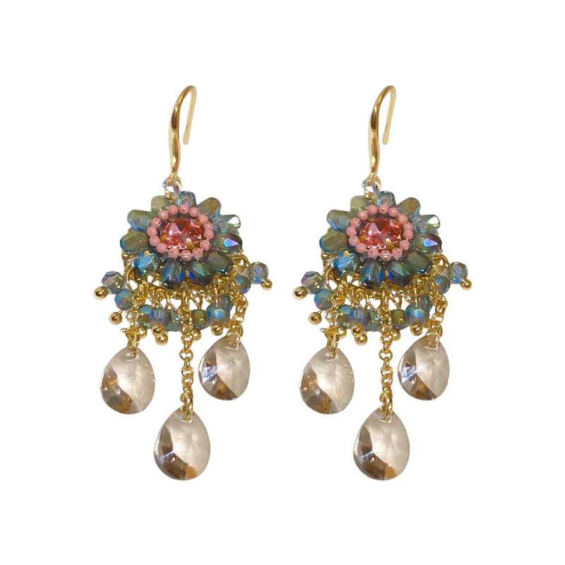 Pendientes de borla de cristal artificial colorido de estilo étnico Pendientes de sentido premium de estilo bohemio Pendientes de moda de lujo ligero