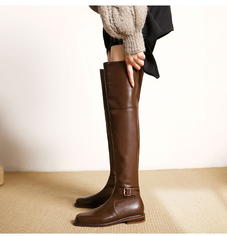 22 New Slim Leg Over Knee Long for Women Low Heel Flat Bottom Black High Barrel Autumn/Winter Single with Velvet Knight_voghion.com