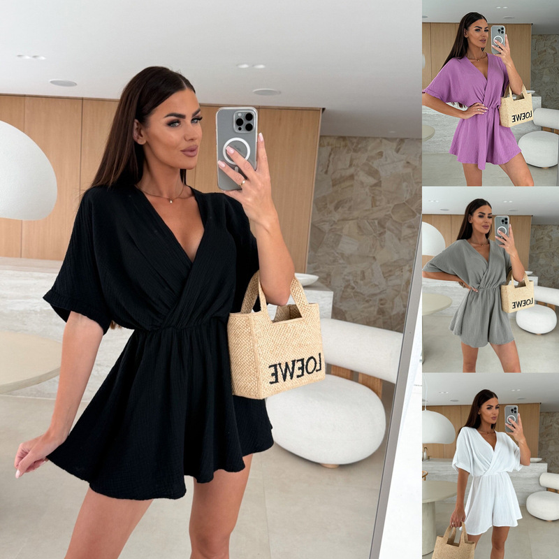 2025 Amazon AliExpress New Foreign Trade Cross-border Summer V-neck Fashion Tight Waist Solid Color Shorts Jumpsuit Women