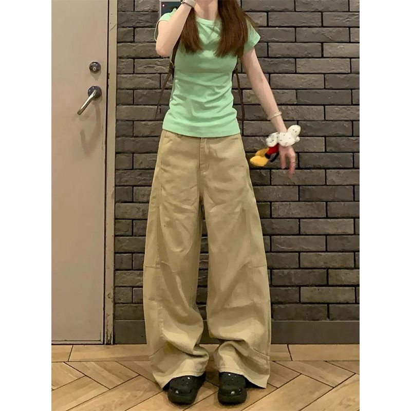 卡其色弯刀阔腿牛仔裤女2025夏季新款美式复古高腰宽松直筒拖地裤|undefined