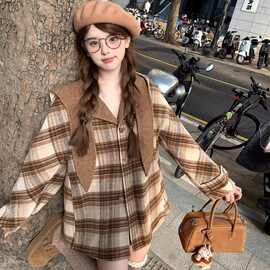 超好看韩版格纹两面穿毛呢大衣女装秋冬2025新款韩系加厚连帽外套