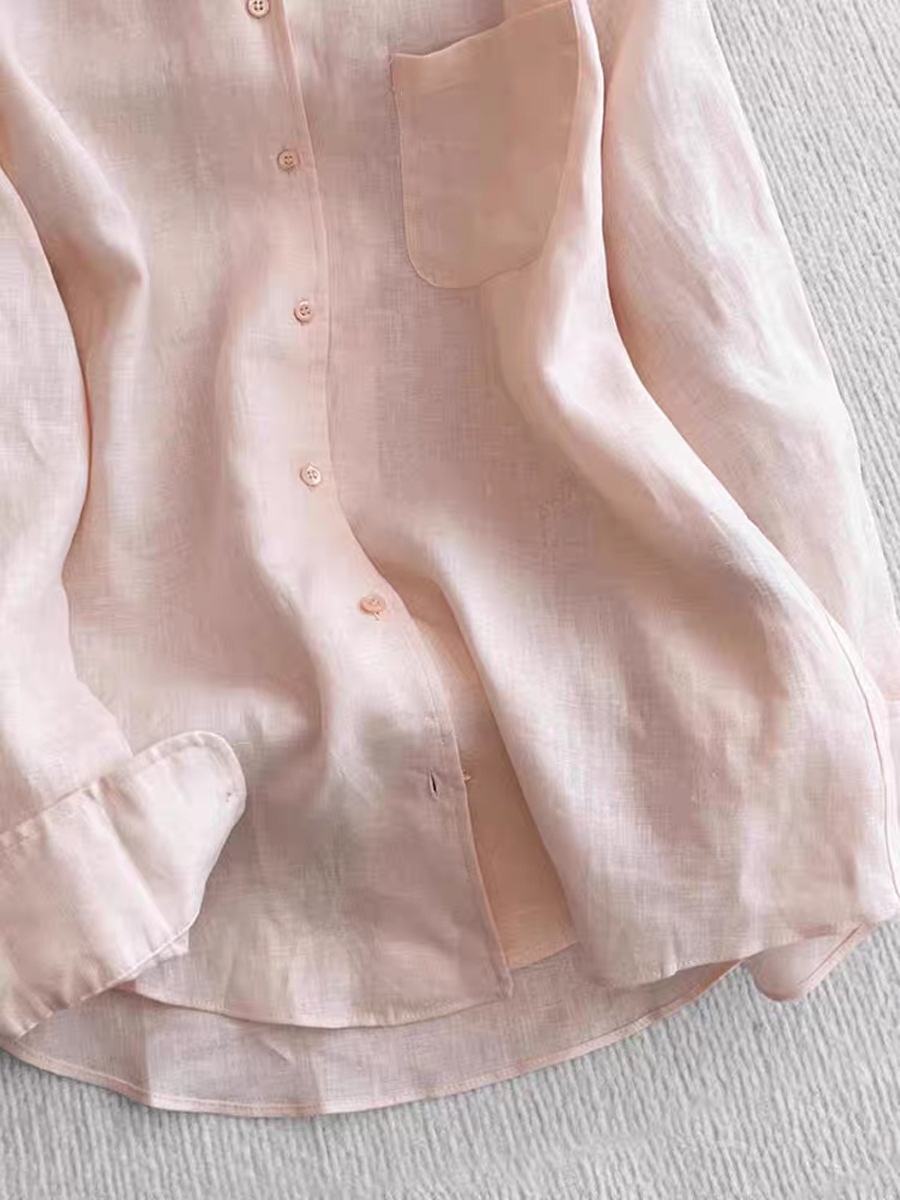 Áo sơ mi nữ linen dài tay thoáng khí chống nắng xuân hè — Mật đào bột