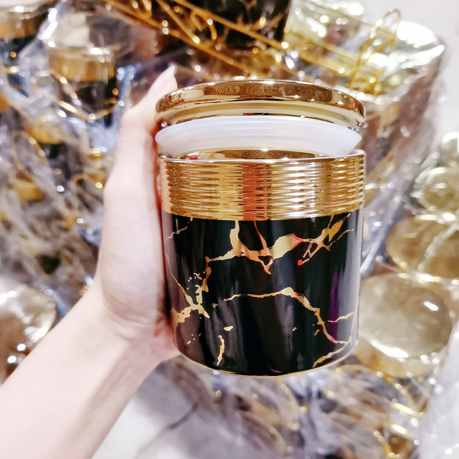 Comercio exterior transfronterizo de cerámica jarra sellada jarra de almacenamiento chapada en oro cocina condimento jarra de almacenamiento de dulces jarra de café traje