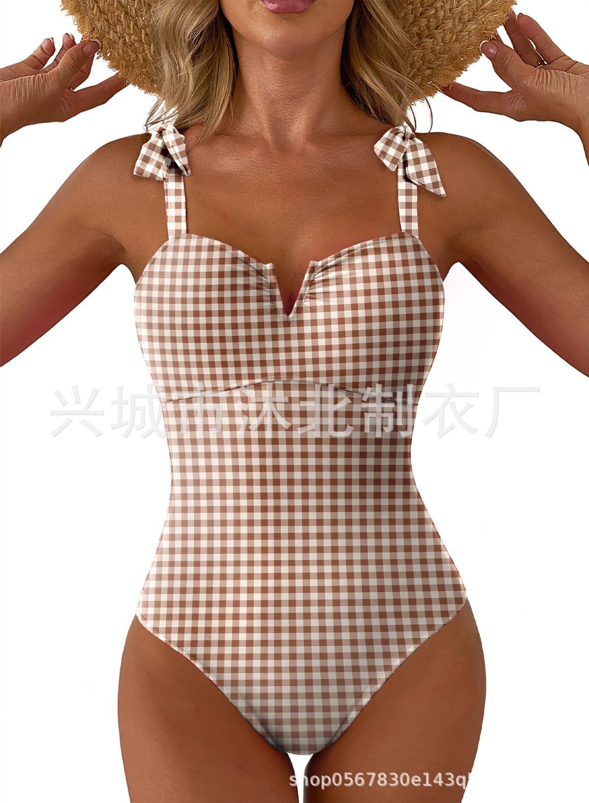 2026 nuevo amazon mujer monótono trajes de baño abdominales V-collar lazos de hombro plegado de cubierta completa image 10