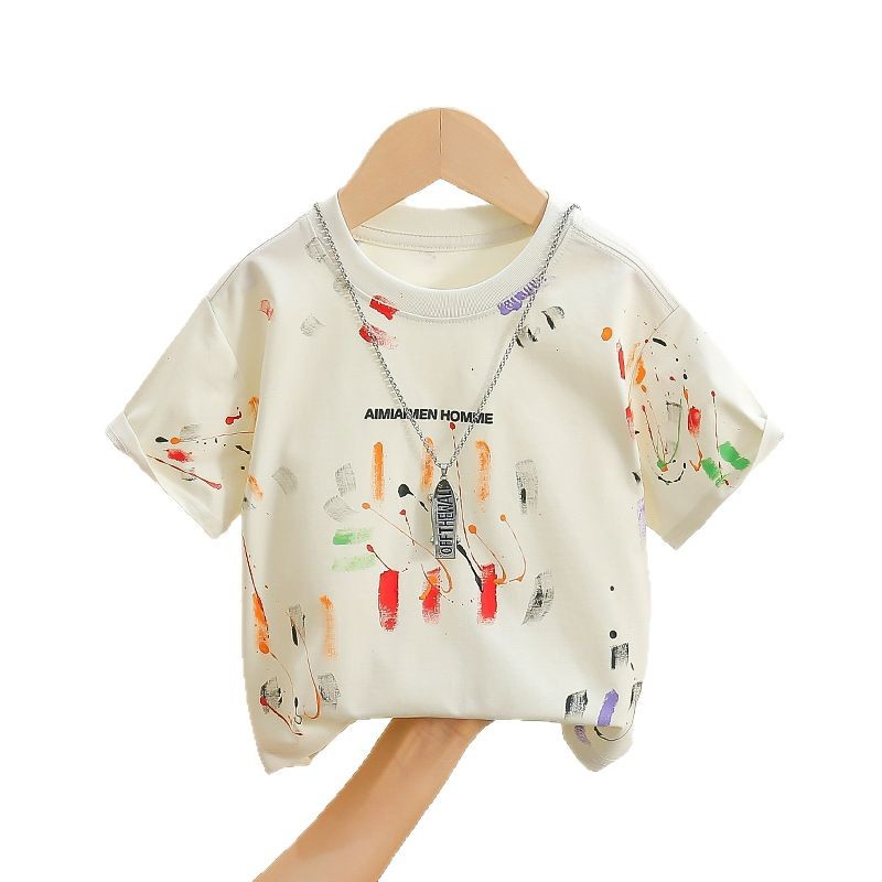 7834 Camiseta de manga corta de verano para niños 2025 nuevo estilo estilo occidental chico guapo vestido de media manga pintado a mano ropa de bebé