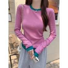 撞色条纹长袖T恤女2025春季新款设计感假两件打底衫内搭正肩上衣