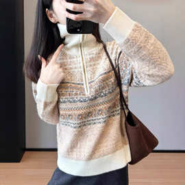 雅+优雅气质复古费尔岛提花半拉链粗针纯羊毛保暖毛衣25冬G120703