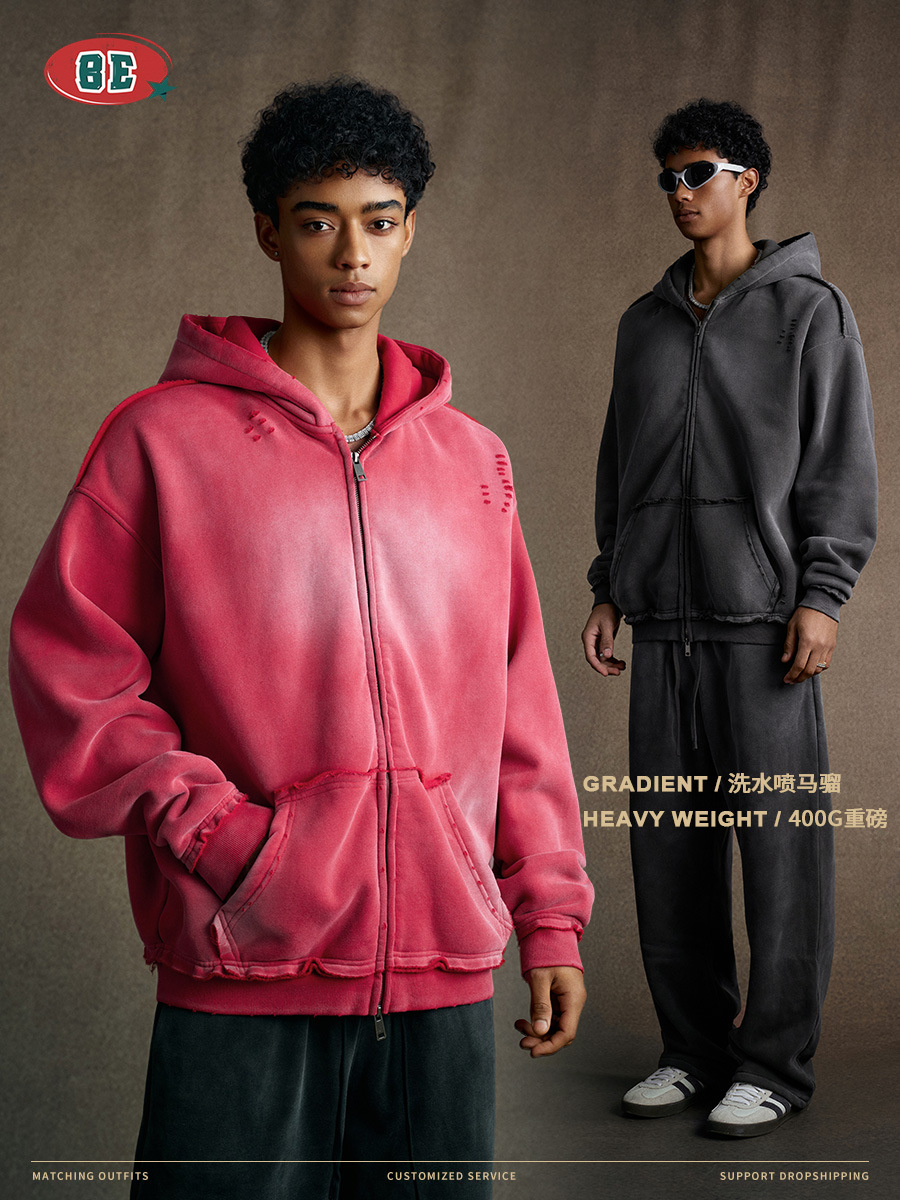 BE ropa de hombre | 2025 otoño marca de moda estadounidense suéter con capucha de calle alta chaqueta de punto con cremallera de borde suelto de mono en aerosol hombre
