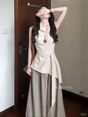 气质设计感穿搭不规则绑带收腰背心上衣女夏季高腰条纹阔腿裤套装