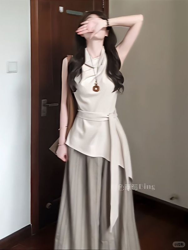 气质设计感穿搭不规则绑带收腰背心上衣女夏季高腰条纹阔腿裤套装|undefined