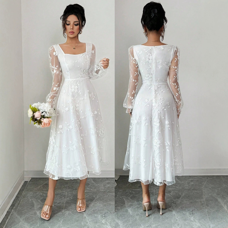 Cross-Border New Style Square-Neck Mesh Embroidered Long-Sleeve Dress, High-Waisted A-Line Mid-Length Bridesmaid Party Dress