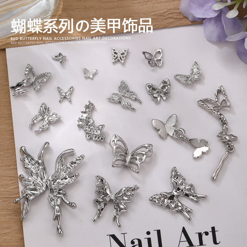 New Butterfly Series Nail Art Jewelry Silver Simple Stereo Metal Pendant Wearable Nail Decoration Accessories