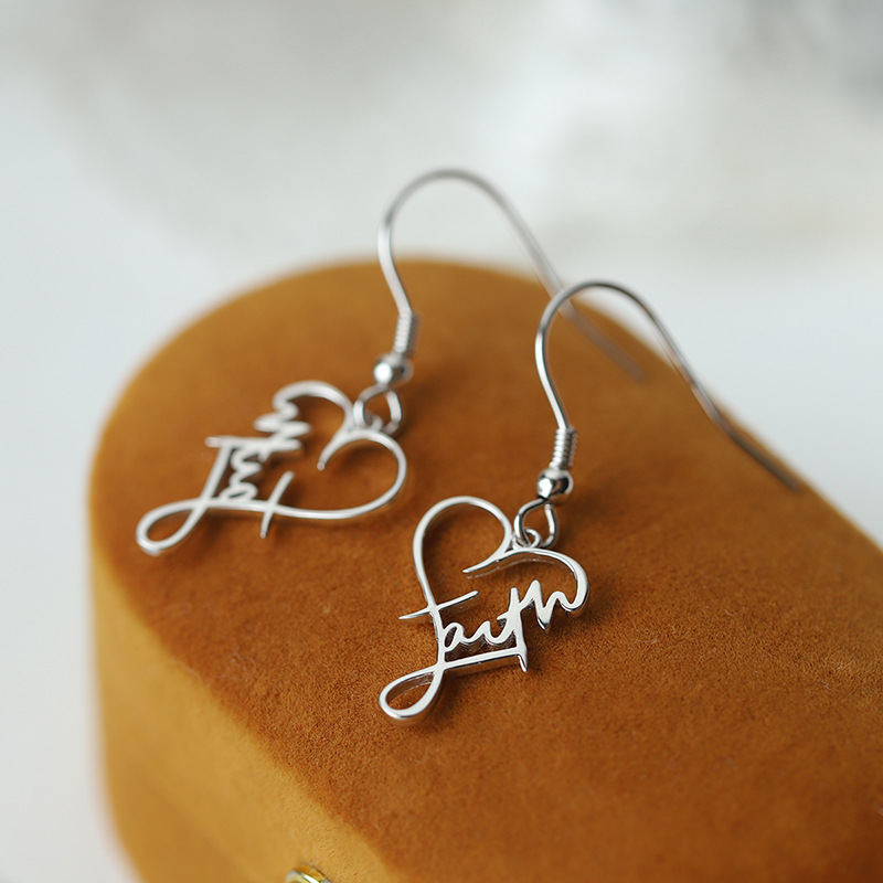 Letter, Heart Shape Pattern 1 Pair 925 Sterling Silver Letter Heart Shape Drop Earrings