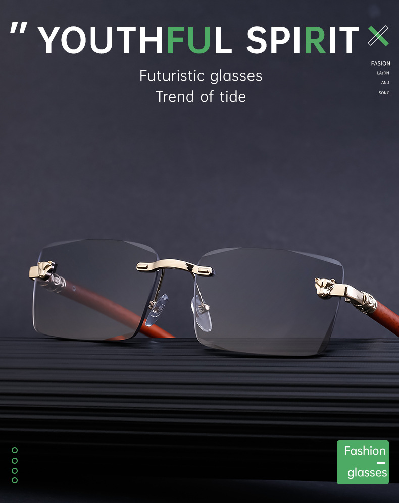 2024 Neue europäische und amerikanische rahmenlose Retro-Sonnenbrille für Herren mit Spiegelbeinen aus Holzmaserung und Sonnenbrille für Herren_voghion.com