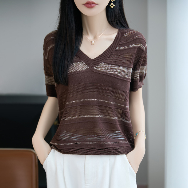 Pearl Linen V-Neck Knit Short-Sleeve Women's Top 2026 Summer New Color-Blocking Pullover Base Shirt T-Shirt Top