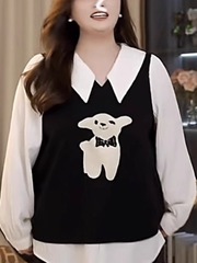 大码法式长袖雪纺衫女秋季宽松遮肚娃娃领上衣小众假两件休闲衬衣