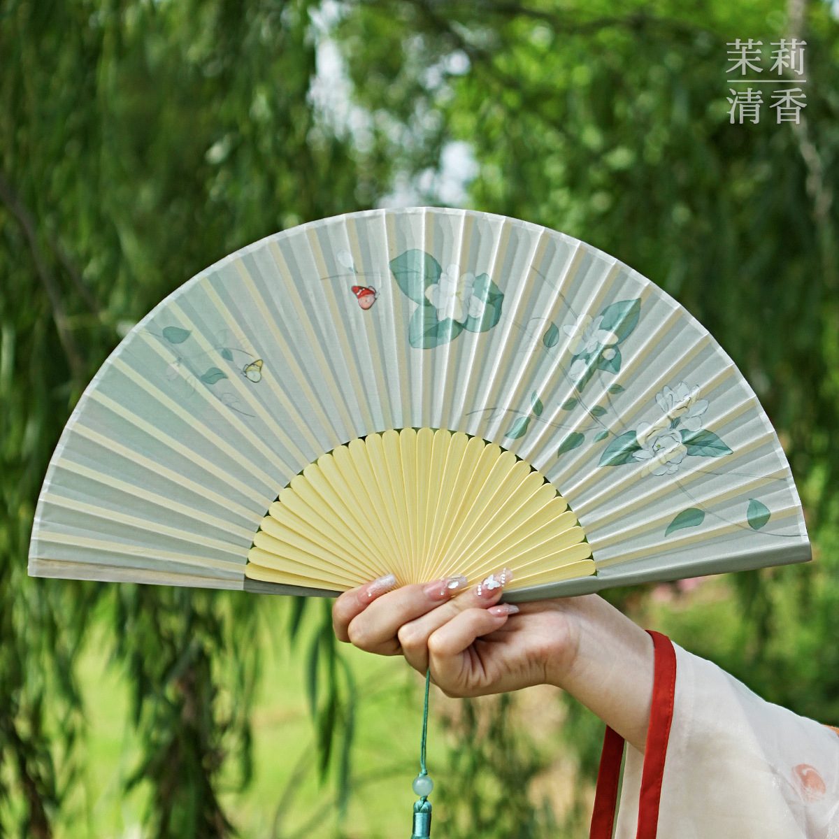復古風古色古香茉莉花摺扇子日用扇夏季摺扇子漢服攝影拍照竹女